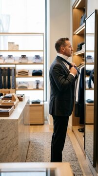 Man adjusting dark blue tie in modern clothing store fitting room, natural light, looking in mirror