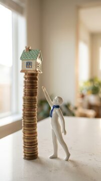 Porcelain figurine reaching for house on tall coin stack, concept of unattainable homeownership or savings goal