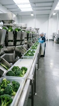 Broccoli heads on automated weigh line dropping into trays in modern food production facility, clean vibrant documentary style
