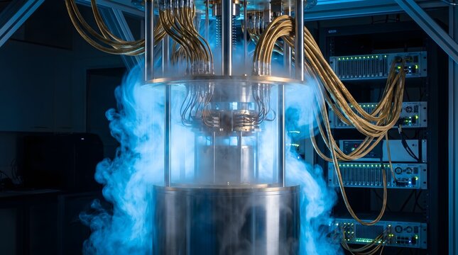 Quantum Computer System with Glowing Blue Mist and Gold Cables