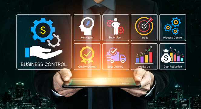 Business Control Concept with Digital Interface Showing Various Management Tools for Effective Strategy Implementation in Corporate Environment. Bitwise.