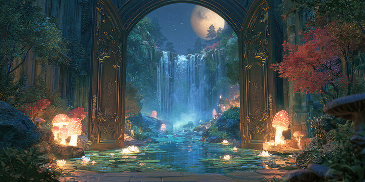 The Gate That Opens In Moonlit Magic As Waterfalls Glow And Forest Light Breathes With Wonder,ai generated.