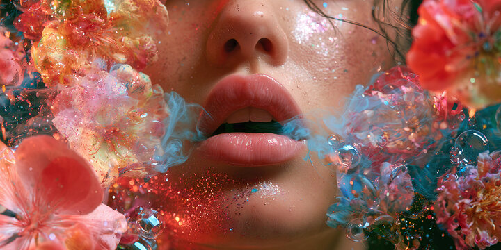  
The Face That Blooms In Color As Flowers And Mist Rise Around Soft Lips In Dreamlike Light, ai generated.