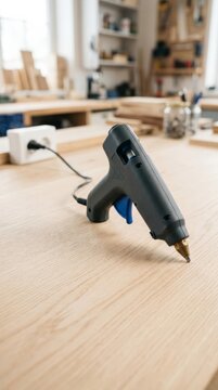 Hot glue gun with cobalt trigger on light wood workbench, plugged into outlet, clean workshop background with tools