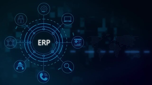 Erp system digital interface with connected business and global network data animation enterprise resource planning