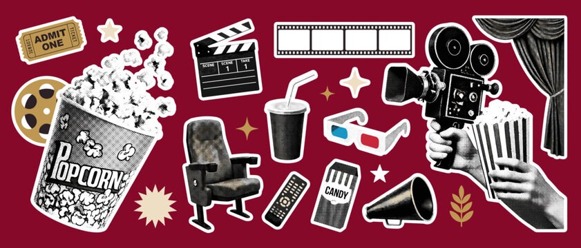 Movie Night Sticker Set, Retro Halftone Cinema Illustration Collection