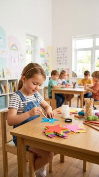 Young girl creating colorful star crafts with glue in a bright, sunlit classroom, evoking childhood creativity and learning.