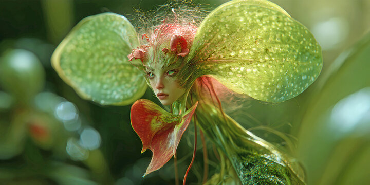 The Bloom That Wakes In Green Light As A Face Rises From Living Petals And Forest Breath, ai generated.