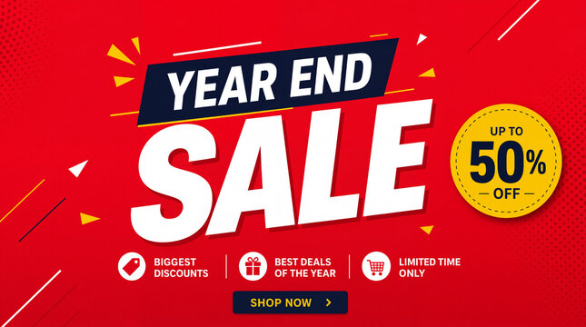 Vibrant red Year End Sale promo banner with bold white SALE, yellow 50% OFF badge, shopping icons, and Shop Now button