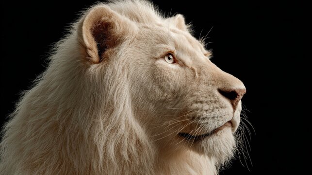A white lion face centered with intense gaze combines strong portrait symmetry with power expression, showing detailed mane texture and dominant animal presence.