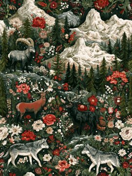 Seamless Pattern Design of Mountain Landscape with Wildlife Featuring Ibex, Deer, Wolves, and Flowers in Rich Color Palette