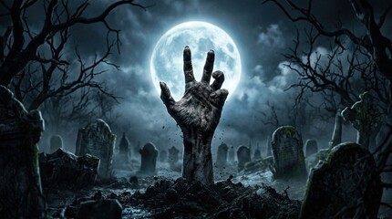 Obraz premium A spooky zombie hand rising from a grave in a dark misty cemetery under a full moon