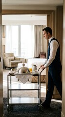 Obraz premium Waiter pushing breakfast cart with silver cloche into hotel suite, providing room service hospitality