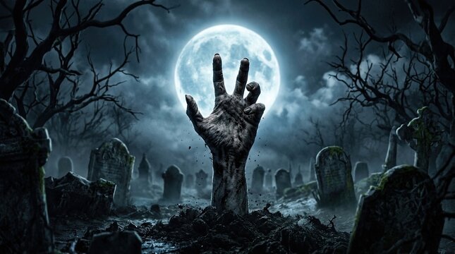 A spooky zombie hand rising from a grave in a dark misty cemetery under a full moon