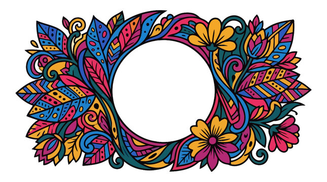 Colorful Hand Drawn Floral Doodle Border Frame with Circular Copy Space