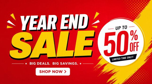 Bold red-yellow year-end sale banner with 50% off circle, big deals text, and shop now button