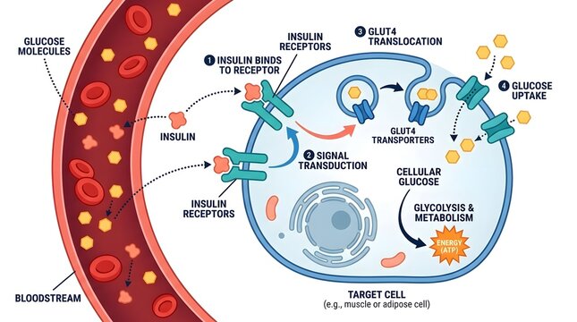 Diagram showing insulin receptor binding and cellular glucose uptake mechanism in target cells.
