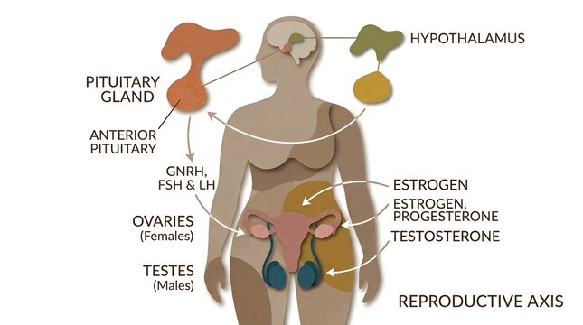 Medical diagram illustrating the human reproductive axis showing hypothalamus pituitary gland ovaries and testes hormones.