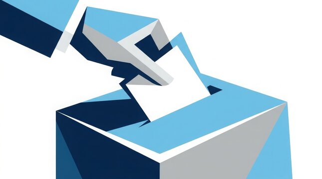 Voting - Hand Inserting Ballot Paper Into Blue Election Box Flat Geometric Vector Illustration