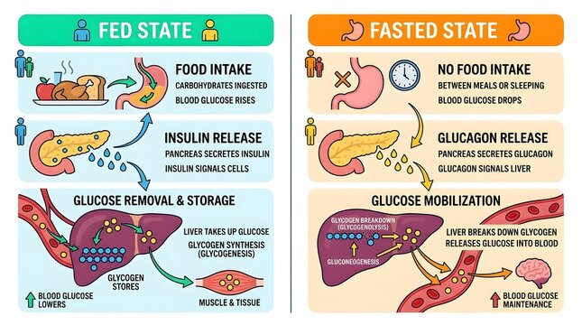 Comparison Diagram of Fed State and Fasted State Metabolism in Human Body Showing Insulin and Glucagon Function.