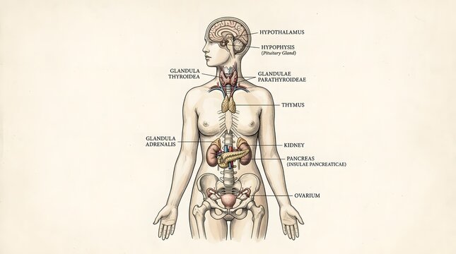 Vintage medical illustration of the human endocrine system showing major glands and organs.
