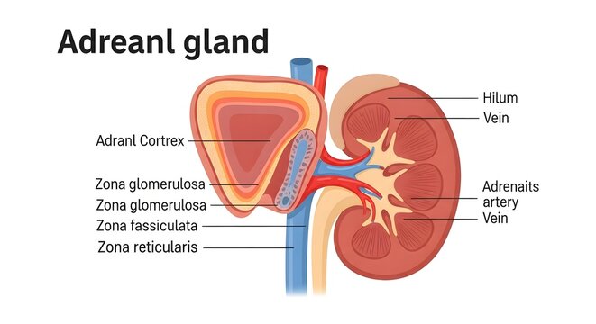 Medical diagram showing human adrenal gland cross section and kidney anatomy structure.