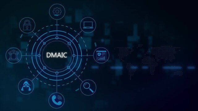 Dmaic methodology concept with digital hud interface and business process six sigma management infographic animation