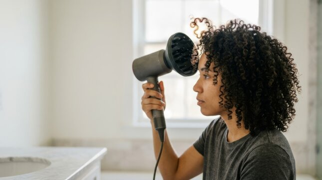 Woman drying curly hair with diffuser for root volume, in a bright, modern bathroom with marble countertop, copy space