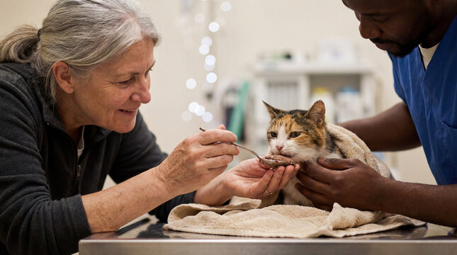 Senior pet owner spoon-feeding wet food to an old rescued street cat while a veterinarian provides gentle support