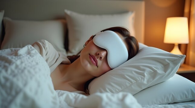 A serene young woman with light skin peacefully sleeping in bed, wearing a sleep mask amidst soft pillows.