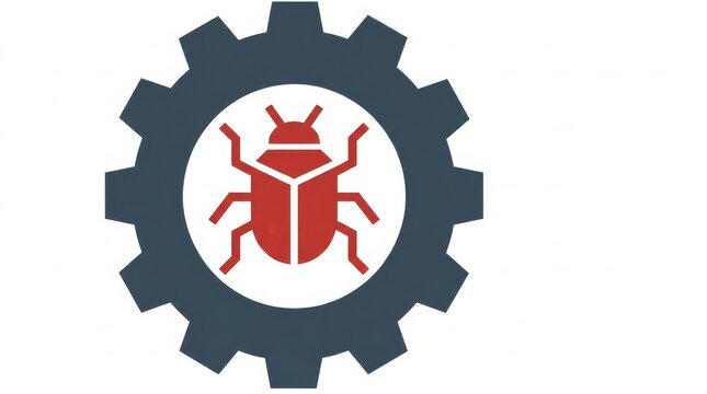 Cybersecurity - Red Malware Bug Icon Inside Dark Blue Gear Cog Symbol for Software Vulnerability Concept