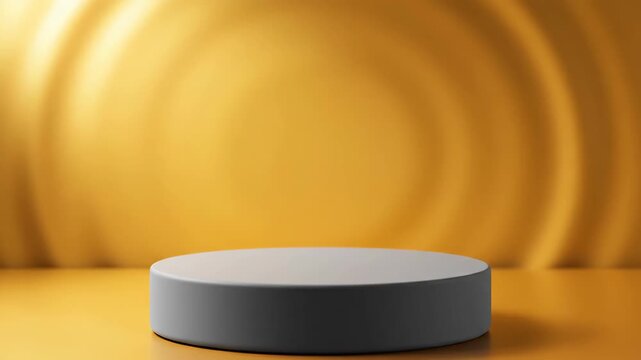 A gray cylindrical platform is placed in the foreground with a golden, circular backdrop. The platform is empty, showing no products