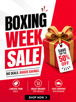 Promotional Boxing Week Sale poster with red gift box, gold bow, 50% off tag, bold text and shopping icons