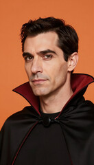 Fototapeta premium Man in vampire costume with black cape against orange backdrop
