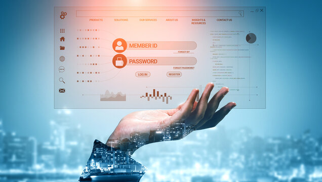 Futuristic Hand Holding Transparent User Interface with Login Form for Modern Digital Experience in Business and Technology Environment Haptic.