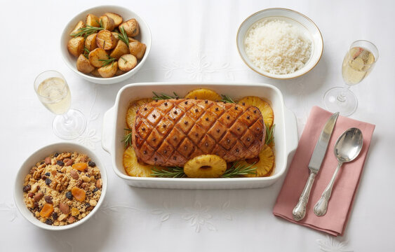 Christmas dinner table featuring roast pork tender with pineapple and rosemary, dried fruit and nut farofa, herb-roasted potatoes, and refreshing sparkling wine. Ceia de natal com Tender com cravo 