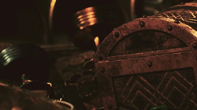 A collection of ancient artifacts is set up in a low light area of a museum. Metal objects and sculptures are arranged on display, inviting curiosity from visitors.