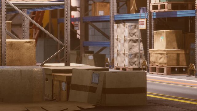 Workers sort and organize various boxes and crates in a busy warehouse. The setting shows shelves filled with more items. Natural light comes through the building.