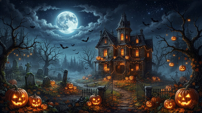 Spooky haunted house and graveyard scene with many lit pumpkins