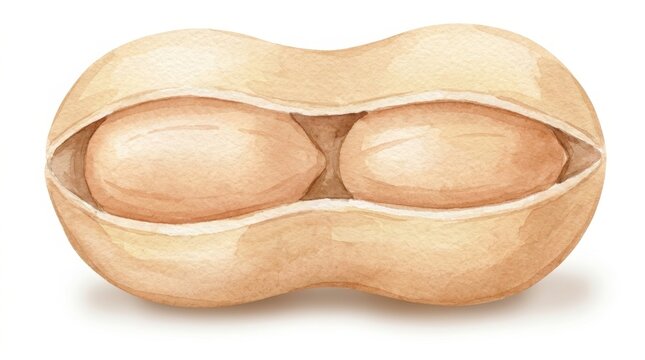 Food - Watercolor Illustration of an Open Peanut Pod Revealing Two Raw Kernels Inside a Beige Shell