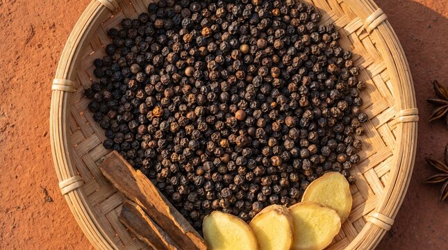 Peppercorns in a woven sieve with ginger and cinnamon