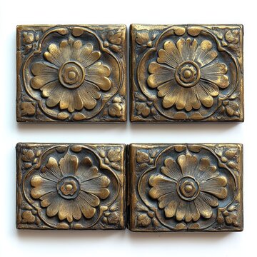 Four decorative brass tiles, each featuring a detailed floral design