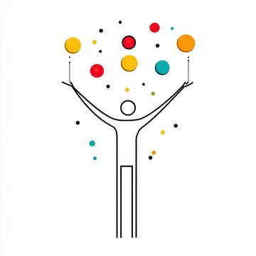 Abstract figure with outstretched arms juggling colorful spheres