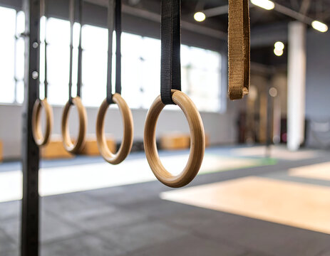 Wooden gymnastic rings hanging from black straps in an empty fitness gym. Sharp focus on the leading ring with training equipment behind. Used for fitness content.