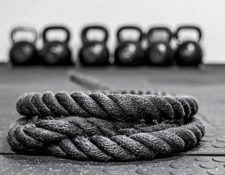 Heavy black exercise rope coiled on a gym floor with a row of blurred kettlebells in the distance. The composition highlights rope fibers against a workout environment.