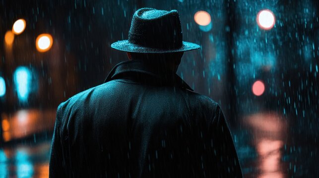 A man in a fedora walks through a rainy city street at night, silhouetted against the blurred lights of the cityscape.