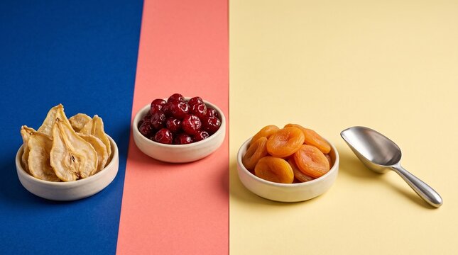Jewel-toned dried fruit assortment on saturated color blocks