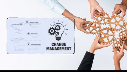 Obraz premium This image depicts hands working together to symbolize collaboration in change management. Gears and a lightbulb represent innovation, strategy, and the process of business transformation. Raster