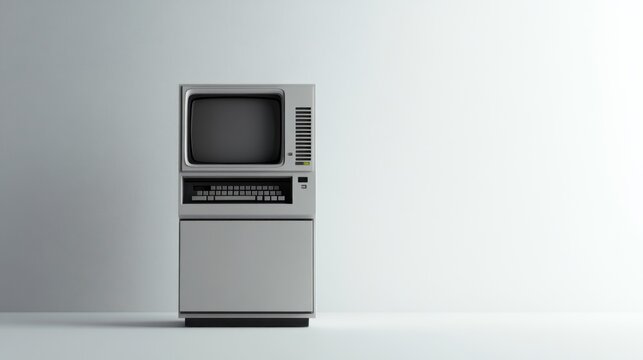 A vintage, beige computer with a CRT monitor, keyboard, and a disk drive, isolated on a white background.