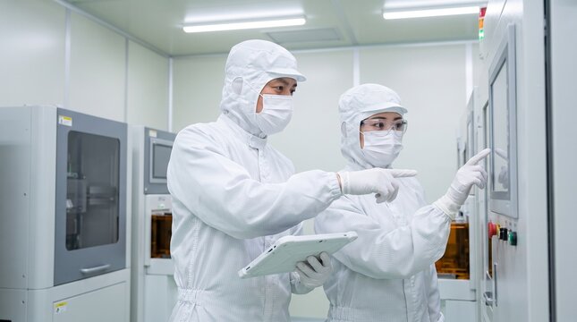 半導体製造のクリーンルームで保護メガネを着用しOJT指導を受ける日本人男女の製造技術者